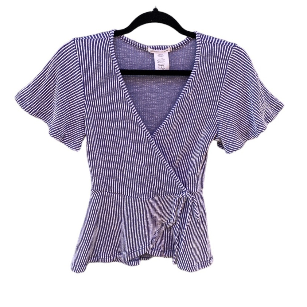Caution to the wind Blue Vertical Stripe Faux Wrap Flutter Sleeve Top Sz S